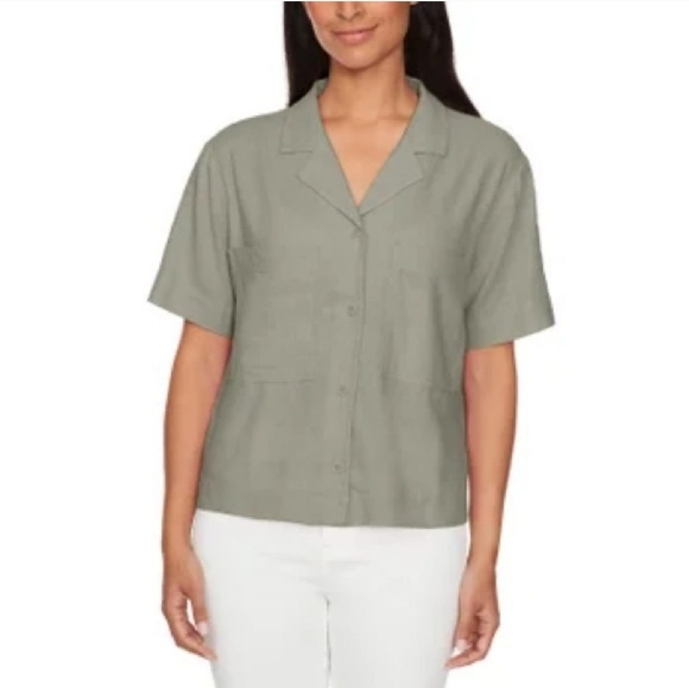 Buffalo David Bitton Women's Linen Blend Short Sleeve Top Light Olive Size Small